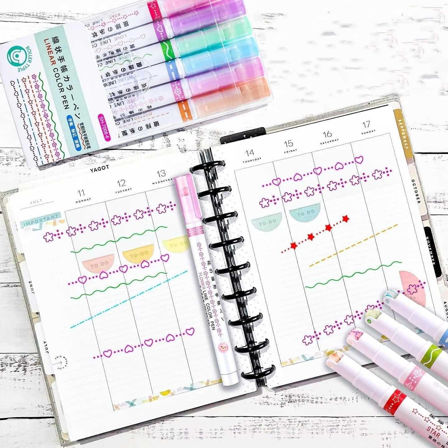 Linear Roller Color Pens Highlighters with 6 Different Curve Shapes (Set of 6) - maagauri.com