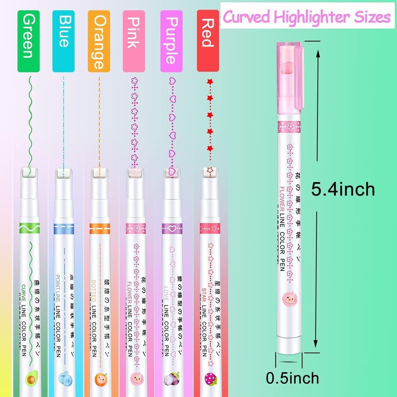 Linear Roller Color Pens Highlighters with 6 Different Curve Shapes (Set of 6) - maagauri.com